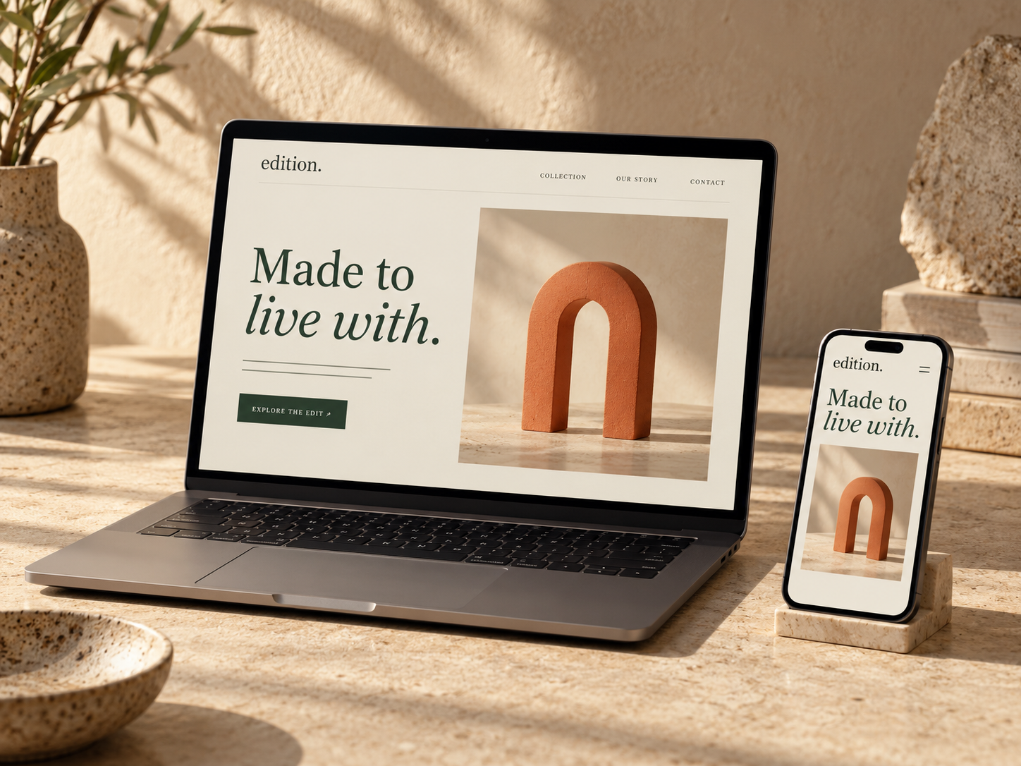 Edition concept interface with editorial typography and an orange object on a desktop and mobile screen