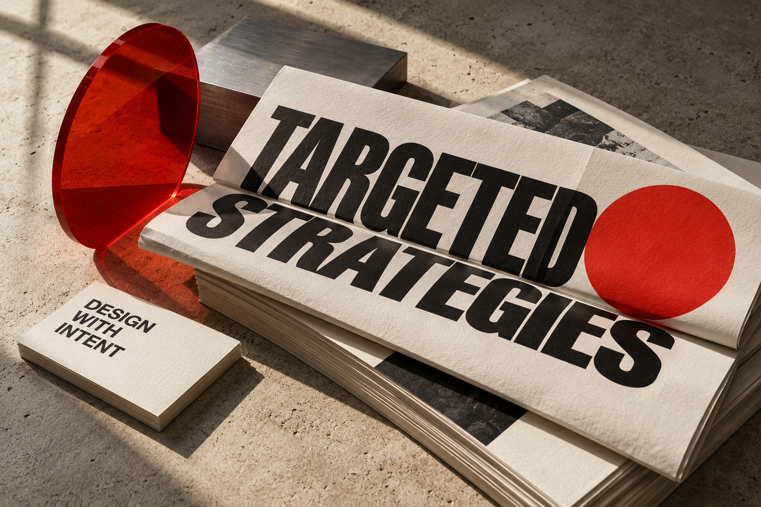 Illustrative design composition: bold Targeted Strategies print, thick textured paper, red acrylic and brushed aluminium in directional studio light